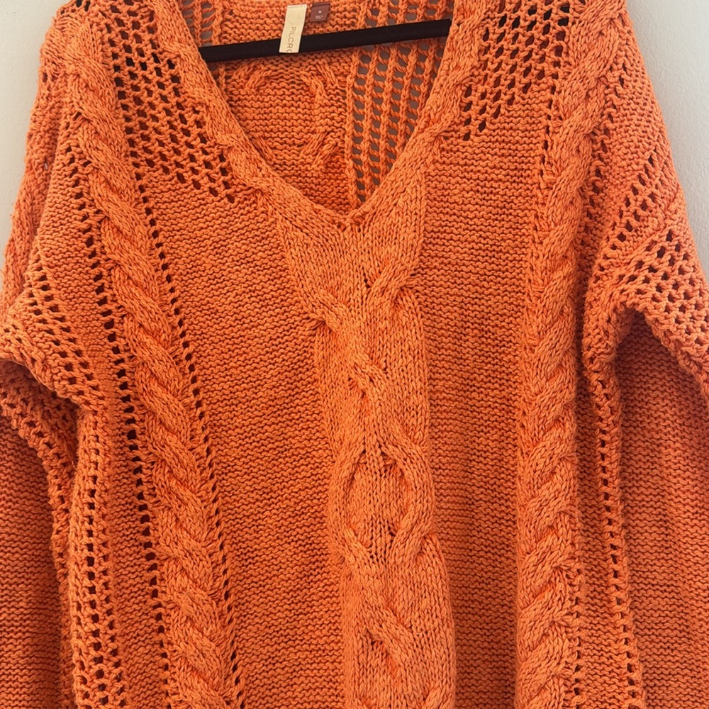 Anthropologie Pilcro Cable Knit Oversized Orange Sweater Size Medium 100% Cotton - Picture 5 of 7